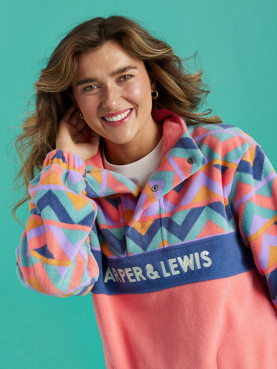 Polar Retro Pattern Popper Neck Fleece Aztec & Coral