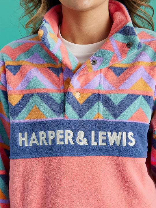 Polar Retro Pattern Popper Neck Fleece Aztec & Coral