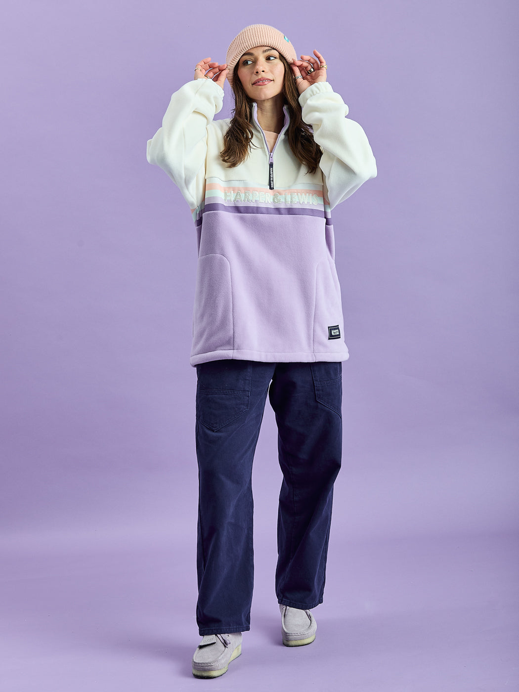 One Eighty Fleece met 1/4 rits, crème en oudroze