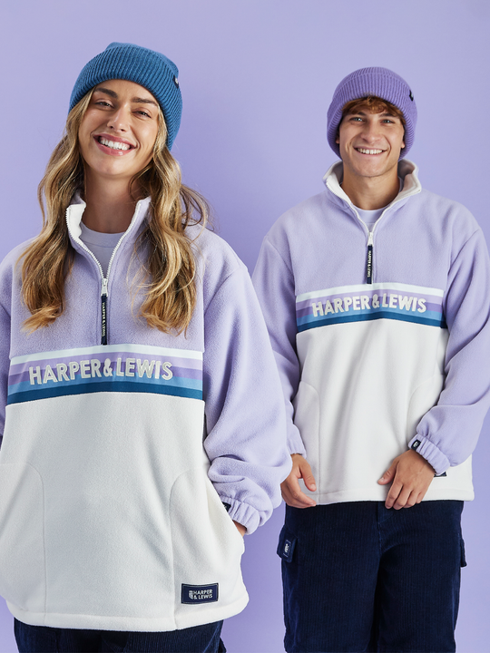 Harper & Lewis One Eighty 1/4 Zip Fleece, features a Colour Block design with colours including Lavender, Cream and a stripe design in the middle.