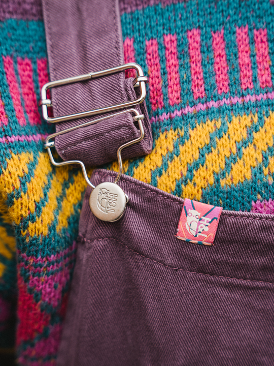 Detail shot of the metal buttons and adjustable straps.