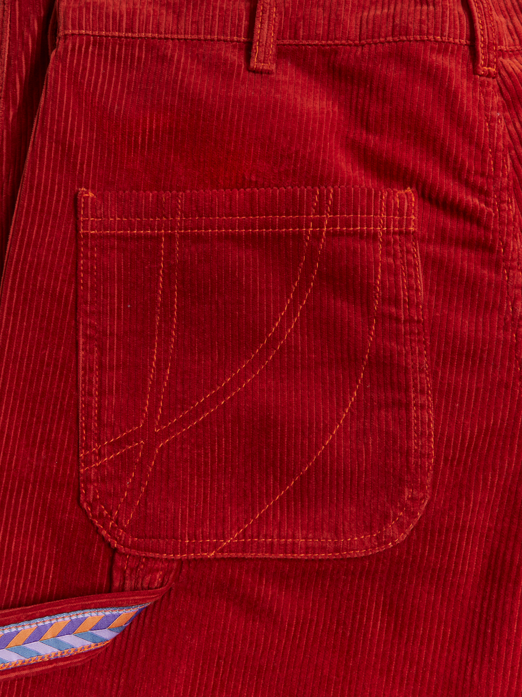 Details of the yellow stitching on the back pocket resembling a part of our classic owl logo.